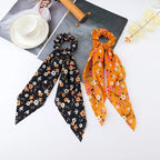 Fashion Flower Print Bow Satin Long Ribbon Ponytail Scarf Tie Scrunchies Women Girls Elastic Bands Hair Accessories