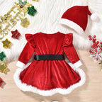 VISgogo 0-18 Months Baby Girls Christmas Velvet Romper Dress Terry Trim Long Sleeve Jumpsuit Santa Hat Adorable Fall Outfits