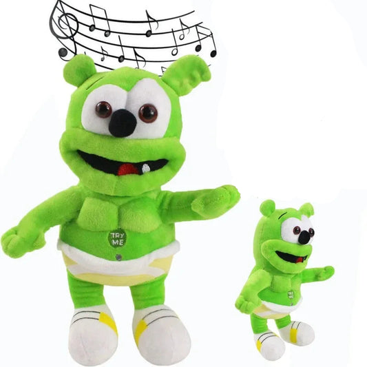 Green plush toy with a heart-shaped movement box, surrounded by musical notes and text.
