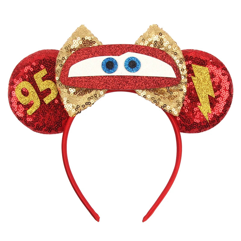 Disney Anime Cars Ears Headbands Women Sequins Bow Hairband Girls Pixar 95 Lightning McQueen Hair Accessories Kids Headwear Gift