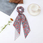 Fashion Flower Print Bow Satin Long Ribbon Ponytail Scarf Tie Scrunchies Women Girls Elastic Bands Hair Accessories