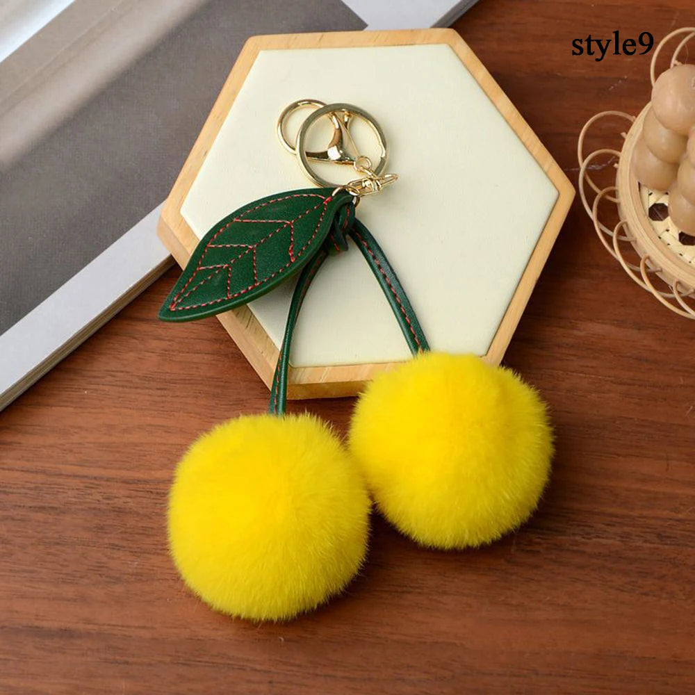 Keychain Key Fob Bag Pendant Fluffy Cherry Keyring Bag Hanging Leaf Artificial Rabbit Fur Ball Key Holder Plush Bag Accessories