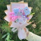 Genuine My Melody Kuromi Cinnamoroll Hellokitty Plush Dolls With Crochet Flowers Creative Handmade Sanrio Bouquet Gifts For Girl