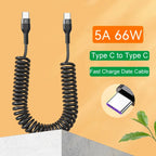 Car USB Type C/Type C to Type C/USB LIGHTNING Fast Charging Spring Telescopic Cable For iPhone 16 15 14 Samsung Xiaomi OnePlus