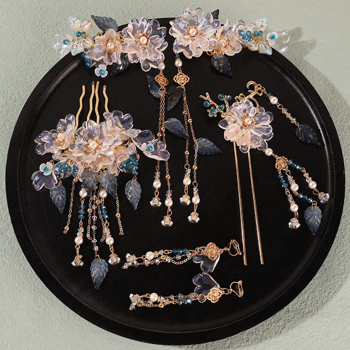 Chinese Hanfu Hair Stick Hairpin Earrings Hair Accessories Set Long Fringed Vintage Hairpin Flower Handmade Wedding Hair Jewelry