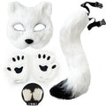 Faux Fur Fox Tail Cat Wolf Cosplay Costume Set with Plush Mask Fluffy Paw Gloves for Halloween And Christmas Party Accessories