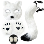 Faux Fur Fox Tail Cat Wolf Cosplay Costume Set with Plush Mask Fluffy Paw Gloves for Halloween And Christmas Party Accessories
