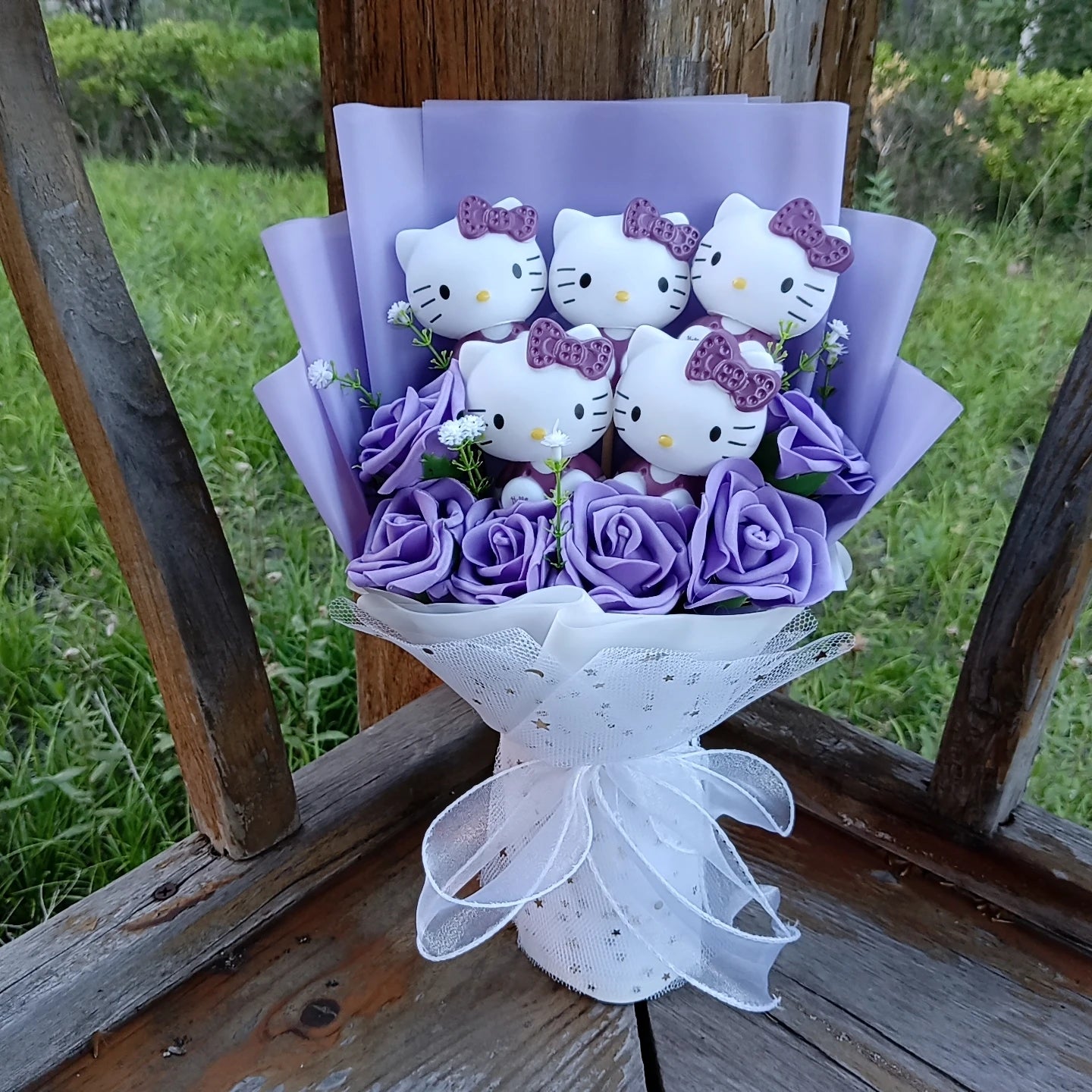 Hello Kitty Plush Bouquet with Rose Kawaii Anime Fluffy Stuffed Plush Doll Christmas Valentine's Day Holiday Birthday Gift
