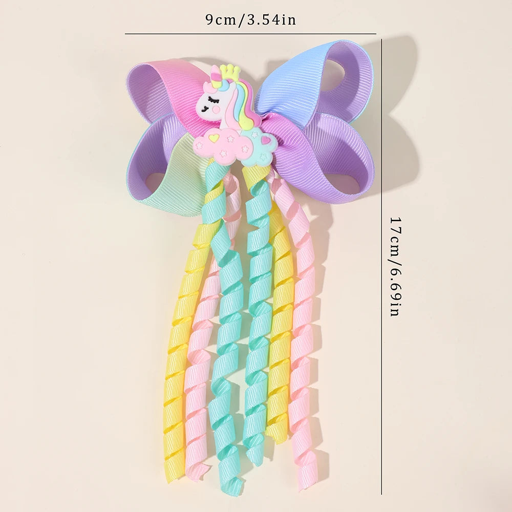 Sweet Unicorn Hair Clips For Girl Bow Barrette Cute Tassel Ribbon Curly Ponytail Hairpins Accessories
