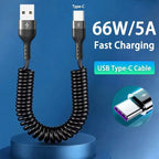 Car USB Type C/Type C to Type C/USB LIGHTNING Fast Charging Spring Telescopic Cable For iPhone 16 15 14 Samsung Xiaomi OnePlus