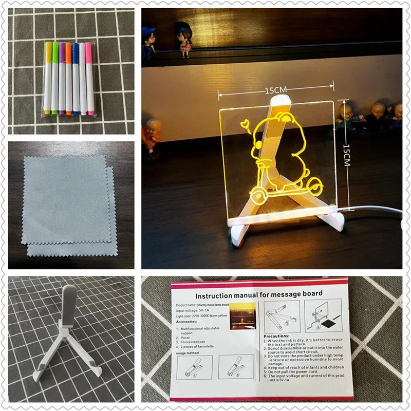 Acrylic Clear Light Up Drawing Board,Glow Erasable Memo LED Magic Board , Kids DIY Toys , with 7 Color Markers Pen and Stand