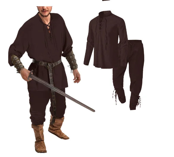 4 Pcs Halloween Men's Renaissance Costume Set Medieval Pirate Shirt Ankle Banded Pants Viking Belt Accessories