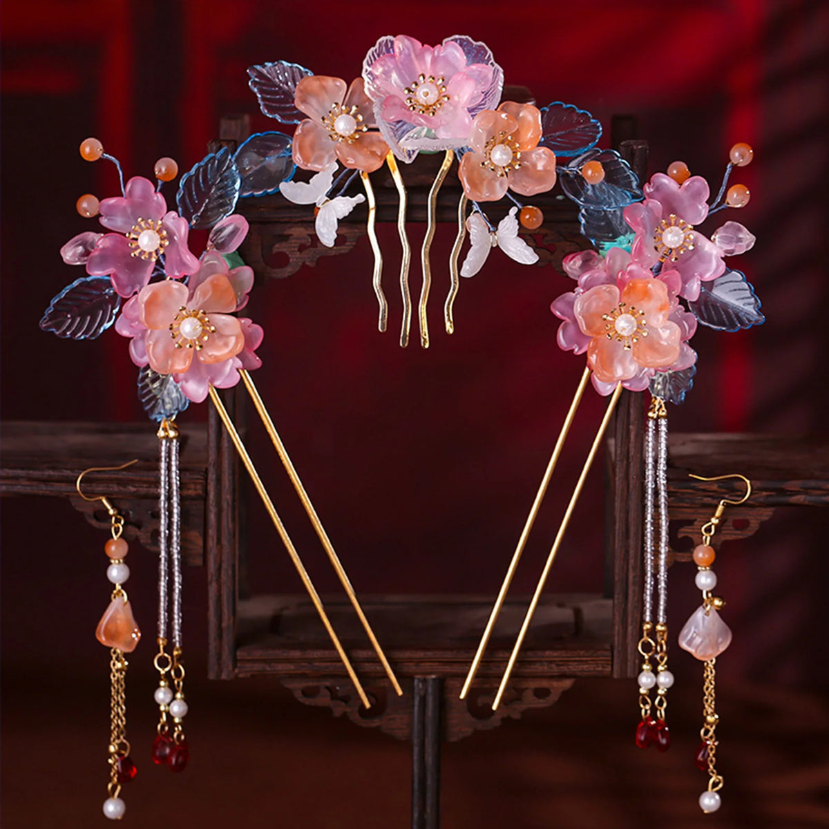 Chinese Hanfu Hair Stick Hairpin Earrings Hair Accessories Set Long Fringed Vintage Hairpin Flower Handmade Wedding Hair Jewelry