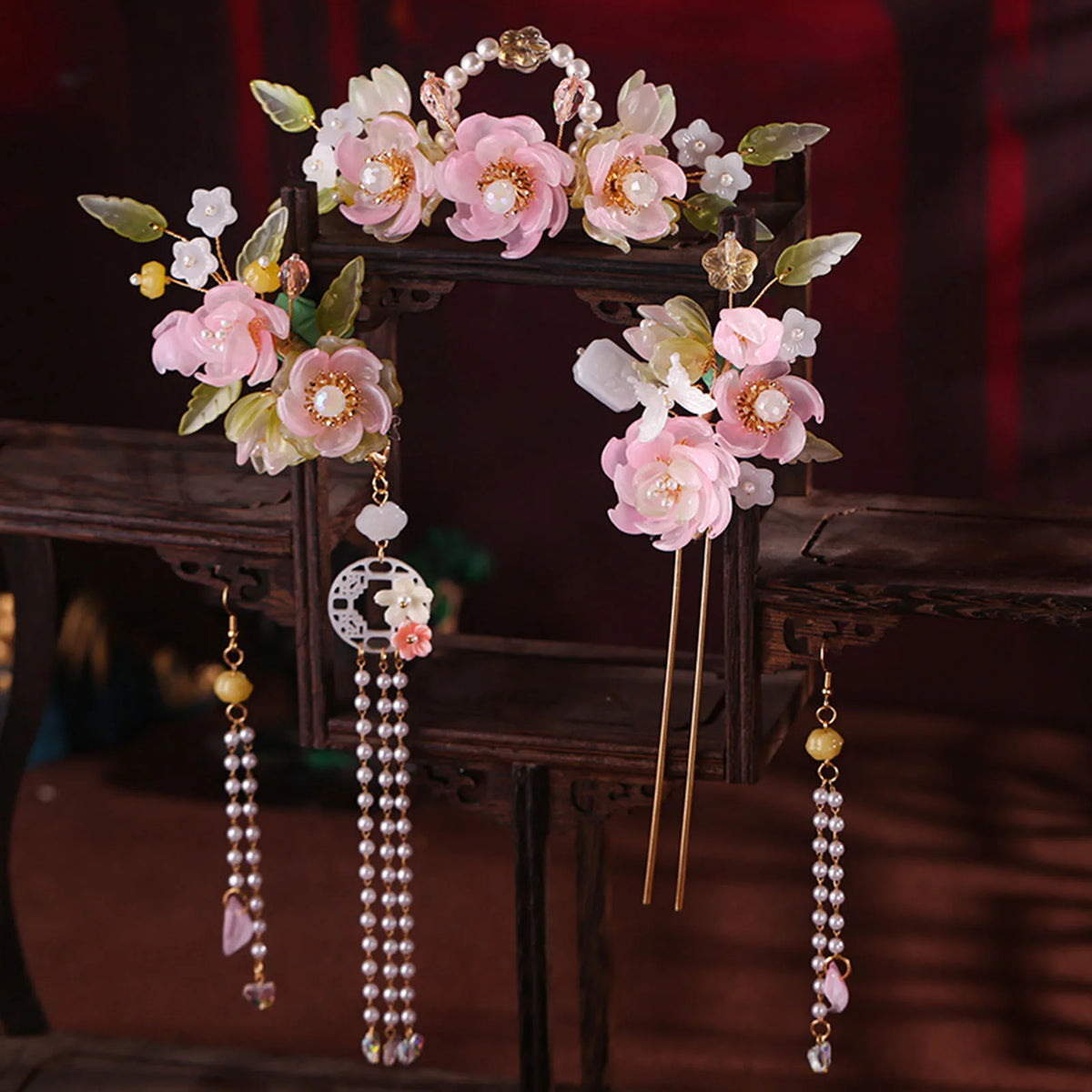 Chinese Hanfu Hair Stick Hairpin Earrings Hair Accessories Set Long Fringed Vintage Hairpin Flower Handmade Wedding Hair Jewelry