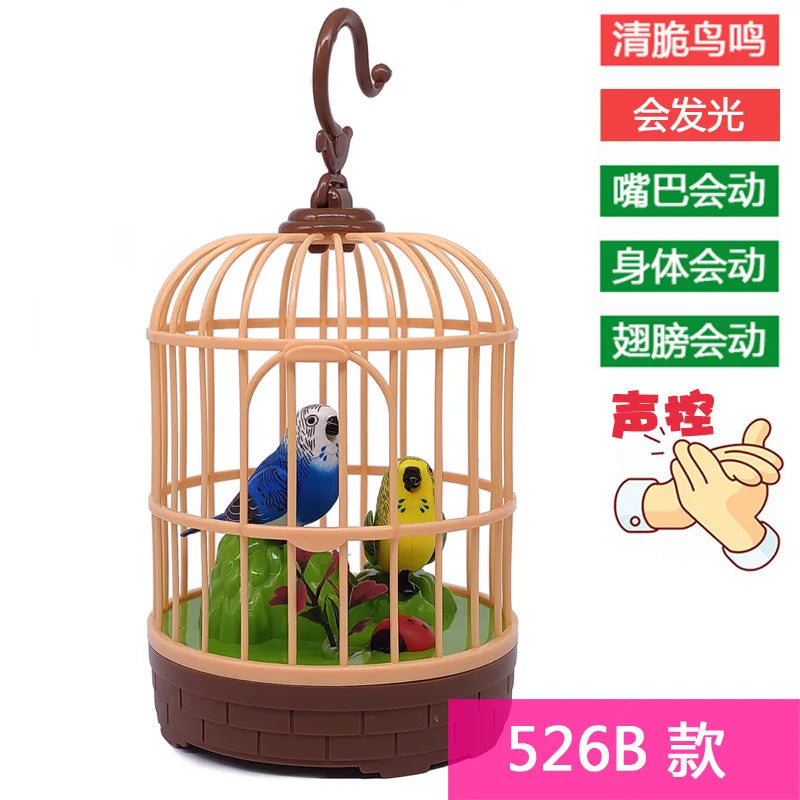 Simulated voice controlled toy bird cage, fake bird, electric ornament that senses calls and moves, parrot decoration