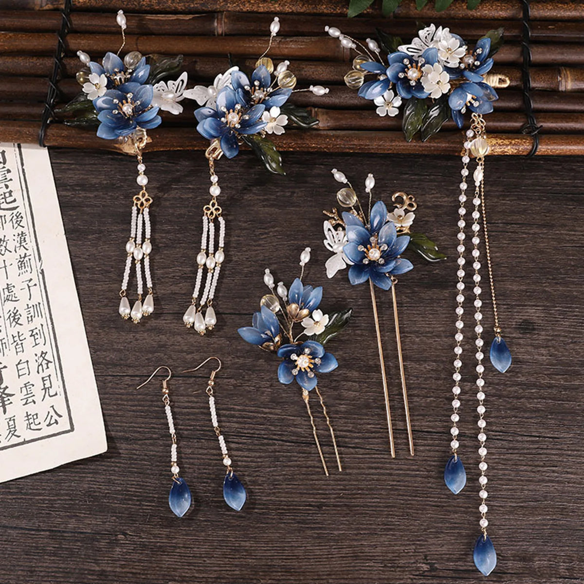 Chinese Hanfu Hair Stick Hairpin Earrings Hair Accessories Set Long Fringed Vintage Hairpin Flower Handmade Wedding Hair Jewelry