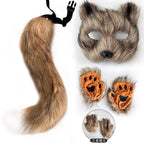 Faux Fur Fox Tail Cat Wolf Cosplay Costume Set with Plush Mask Fluffy Paw Gloves for Halloween And Christmas Party Accessories