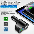 New digital display car fast charging dual USB car charger car one to three cigarette lighter 66W car multifunctional charger