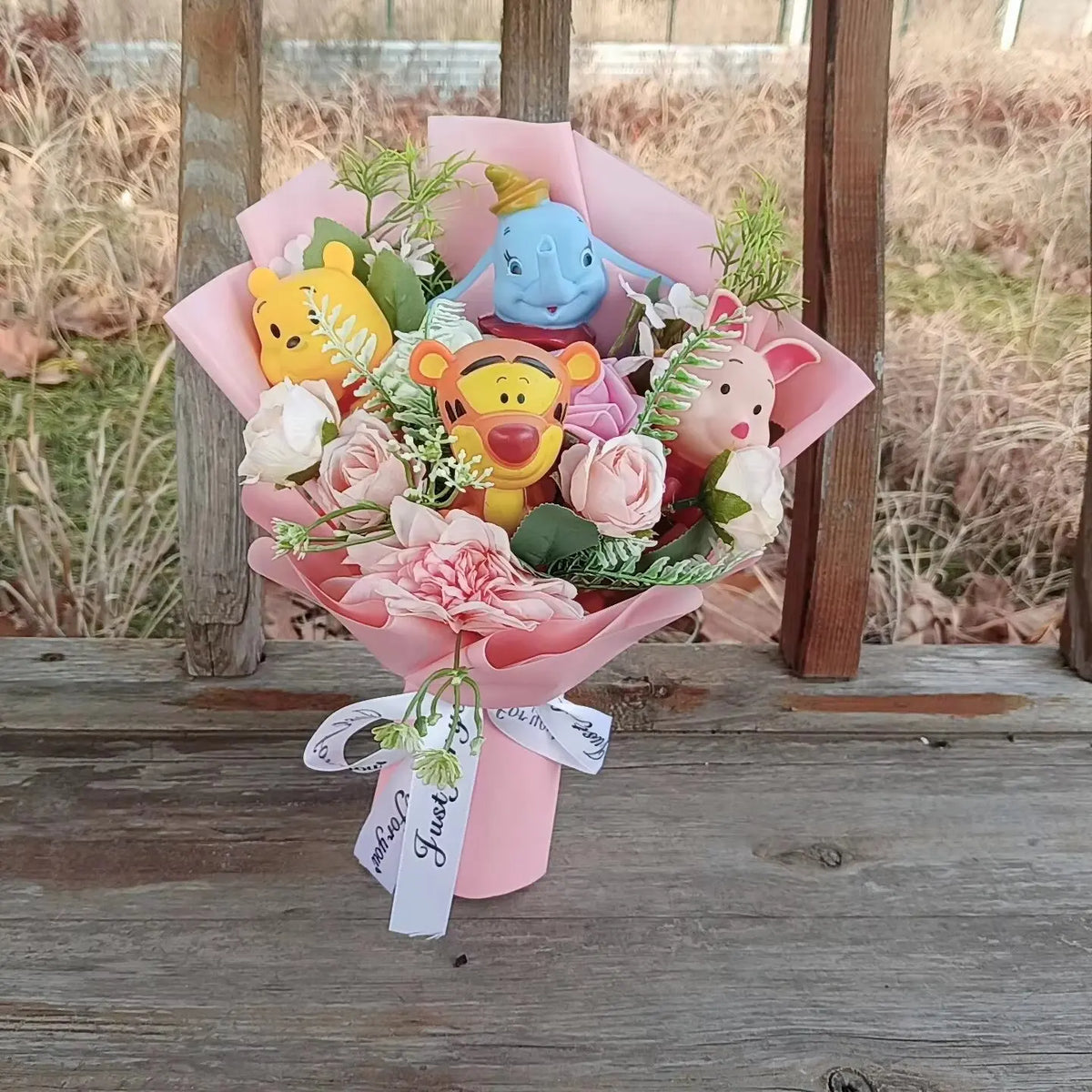 Anime Winnie the Pooh Pig Elephant Handmade Flower Bouquet Plush Doll Wedding Graduation Valentine Christmas Birthday Gifts