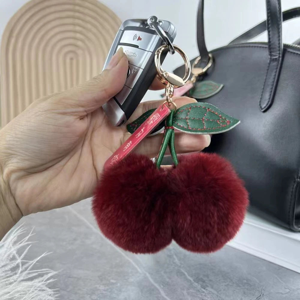 Keychain Key Fob Bag Pendant Fluffy Cherry Keyring Bag Hanging Leaf Artificial Rabbit Fur Ball Key Holder Plush Bag Accessories