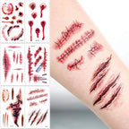 16 Pcs Halloween 3D Fake Scar Temporary Tattoos - Bloody Wound & Zombie Designs for Face/Body, Costume Party, Prank & Cosplay