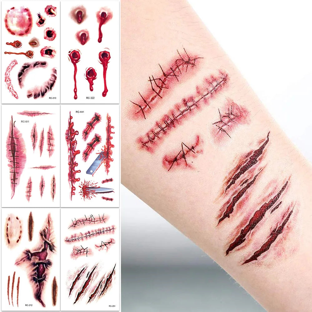 16 Pcs Halloween 3D Fake Scar Temporary Tattoos - Bloody Wound & Zombie Designs for Face/Body, Costume Party, Prank & Cosplay