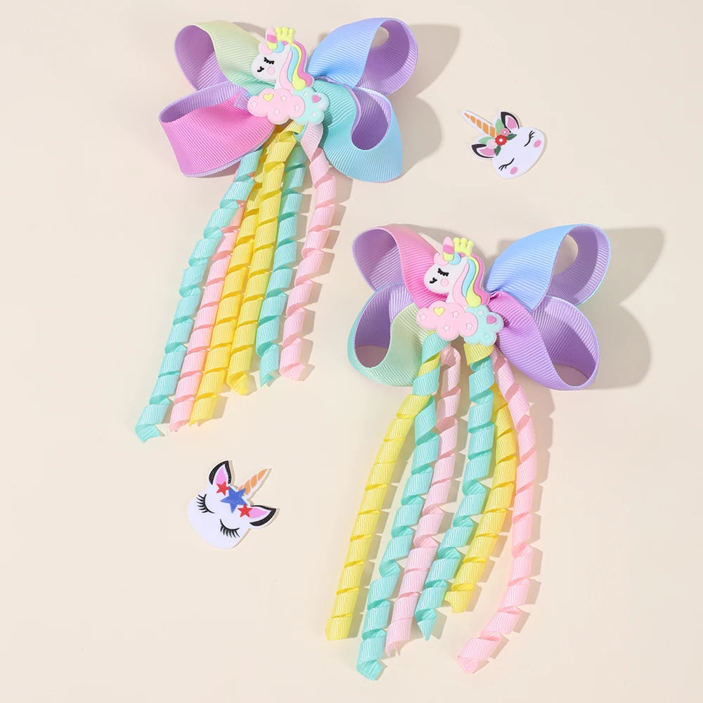 Sweet Unicorn Hair Clips For Girl Bow Barrette Cute Tassel Ribbon Curly Ponytail Hairpins Accessories