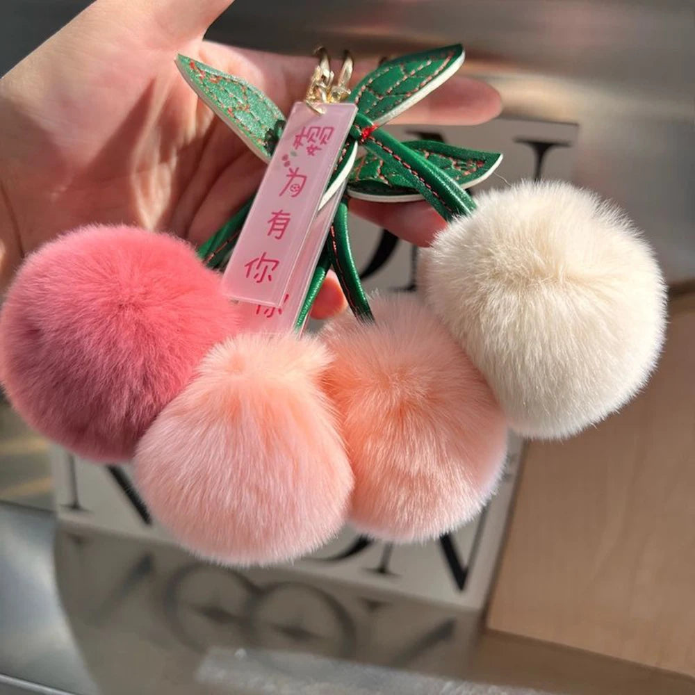 Keychain Key Fob Bag Pendant Fluffy Cherry Keyring Bag Hanging Leaf Artificial Rabbit Fur Ball Key Holder Plush Bag Accessories