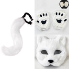 Faux Fur Fox Tail Cat Wolf Cosplay Costume Set with Plush Mask Fluffy Paw Gloves for Halloween And Christmas Party Accessories