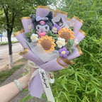 Genuine My Melody Kuromi Cinnamoroll Hellokitty Plush Dolls With Crochet Flowers Creative Handmade Sanrio Bouquet Gifts For Girl