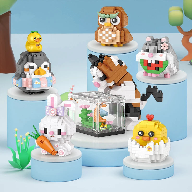 DIY Cute Animals Lion Corgi Dolphin Hamster Rabbit Dog Cats Fish Tanks Building Blocks Kit Girl Bricks Model Toy