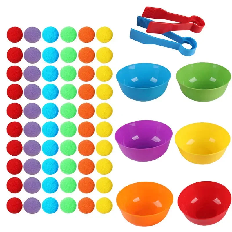 Children Counting and Sorting Toys  Pom poms Rainbow Colors Plastic Bowls Tweezers Fine Motor Skill Chidlren Learning Toys
