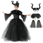 Halloween Costume Fashion Tutu Dress For Girls Cosplay Evil Queen Black Mesh Princess Dress Kids Crow Wand Demon Witch Gown
