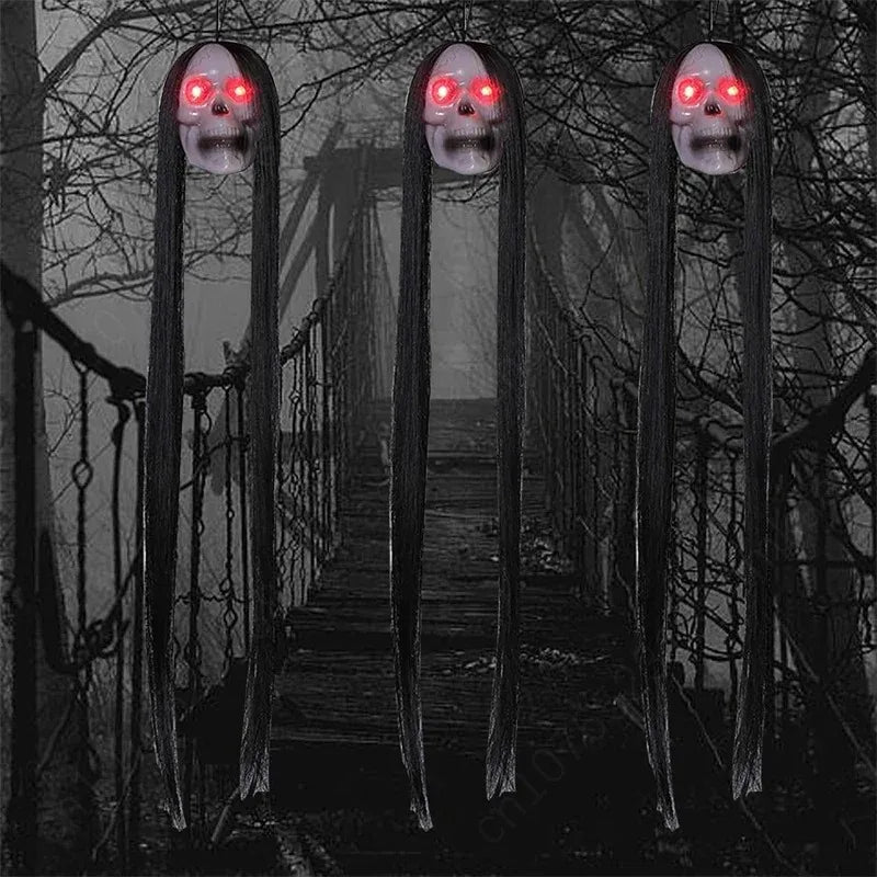 Glowing Eyes Halloween Hanging Ghost Skeleton Prop Long Hair Decoration for Indoor Outdoor Haunted House Party Spooky Display