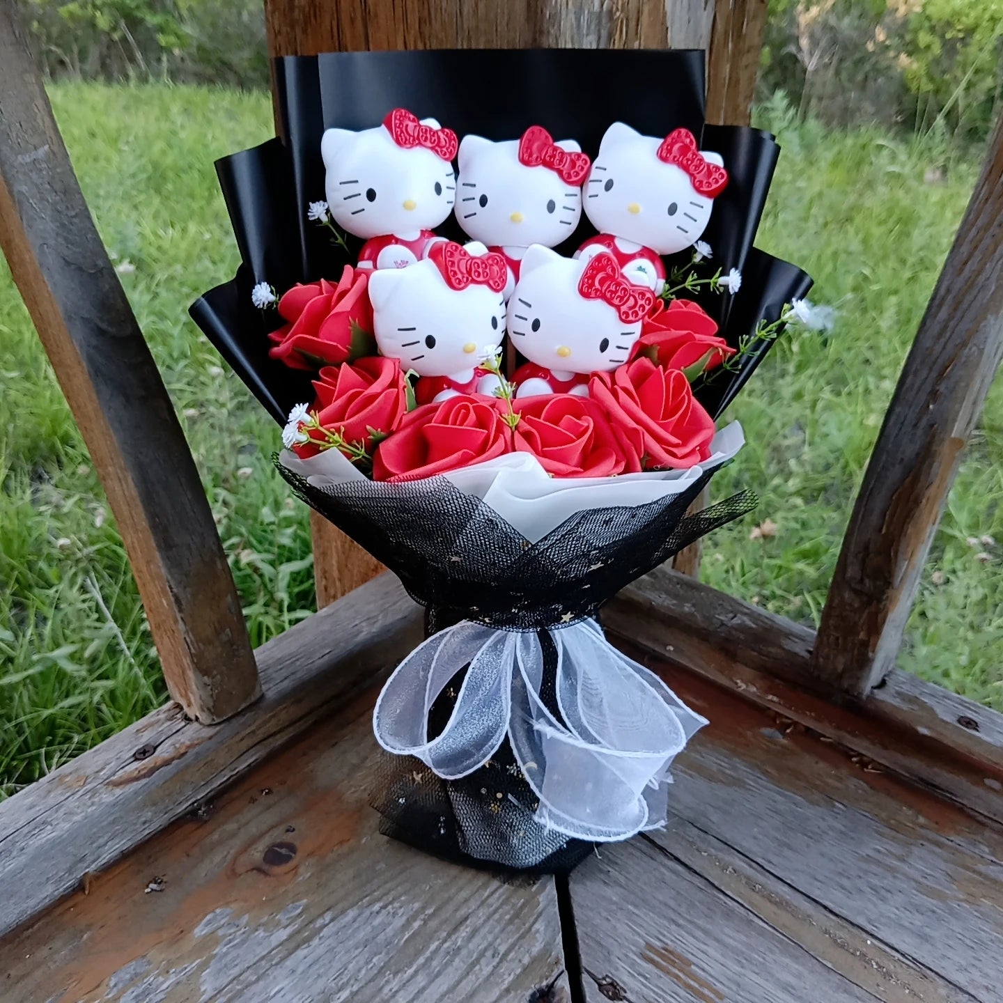Hello Kitty Plush Bouquet with Rose Kawaii Anime Fluffy Stuffed Plush Doll Christmas Valentine's Day Holiday Birthday Gift