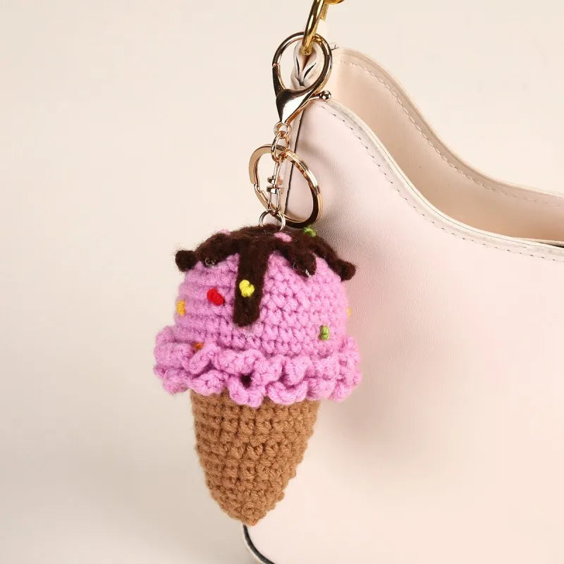 Handmaking Crochet Ice Cream Keyrings Wholesale Sweet Ice Cream Cone Series Crochet Keychain For Bag Pendant  Custom Accessories
