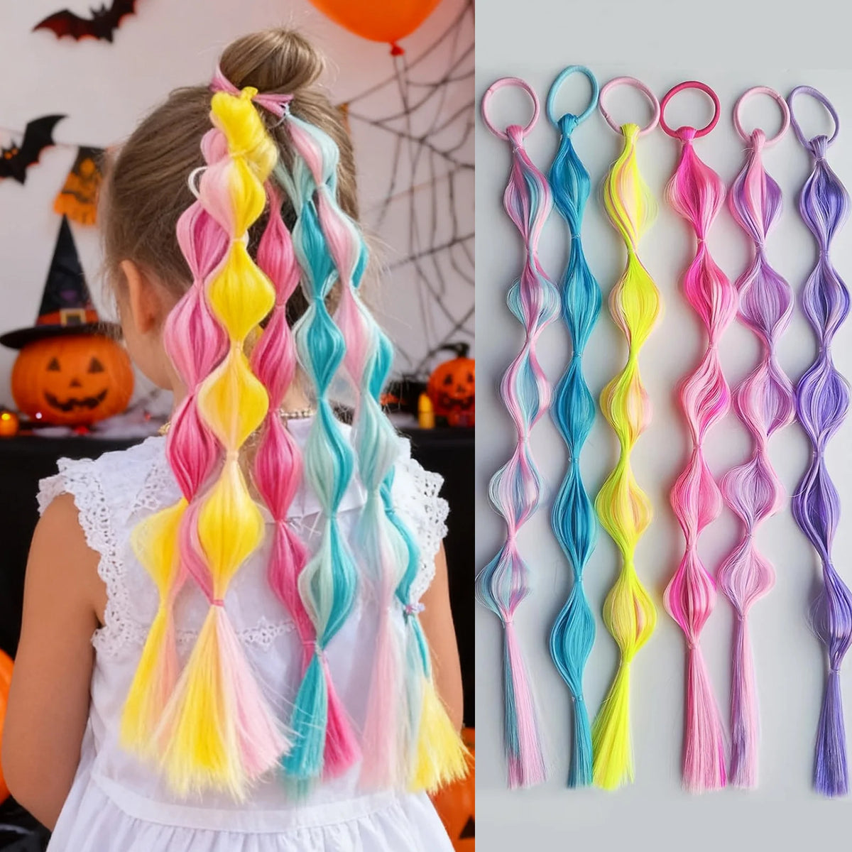 6pcs Kids Ponytail Hair Extensions Rainbow Color Hairpieces with for Kids Girls - Great for Gifts, Holidays
