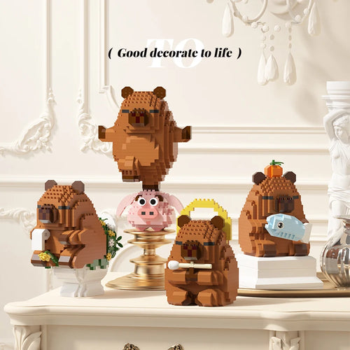"Cute Capybara Block Figure - Desktop Decor Model with Orange Accessory | Meme Lover's Collectible"
