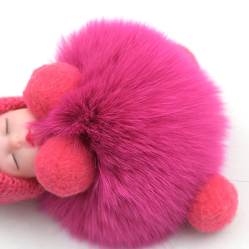 Pompom Sleeping Baby Keychain Cute Fluffy Plush Doll Keyholder Women Girl Bags Keyrings Cars Key Ring Gift Charming Decoration