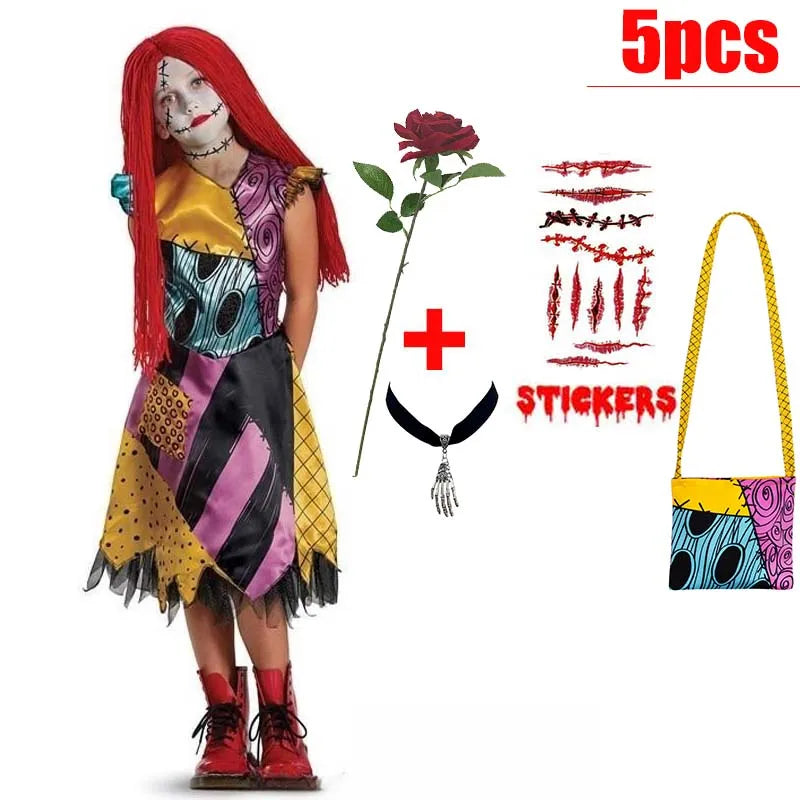 Kids Girls Boys Cosplay Scary Ghost Bride Sally Skeleton Jack Dress Striped Halloween Character Dress Up Costume