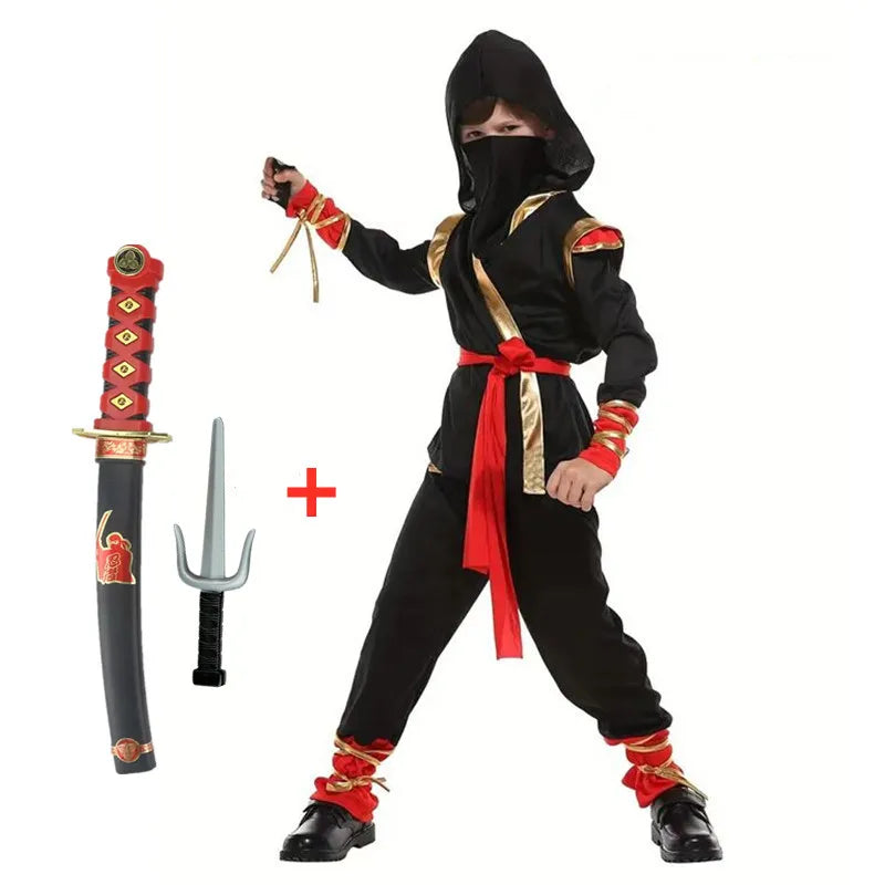 Carnival Boys Child Ninja Costume Role Play Assassin Samurai Warrior Hooded Suit Kids Halloween with Ninja Sword Fancy Dress Up