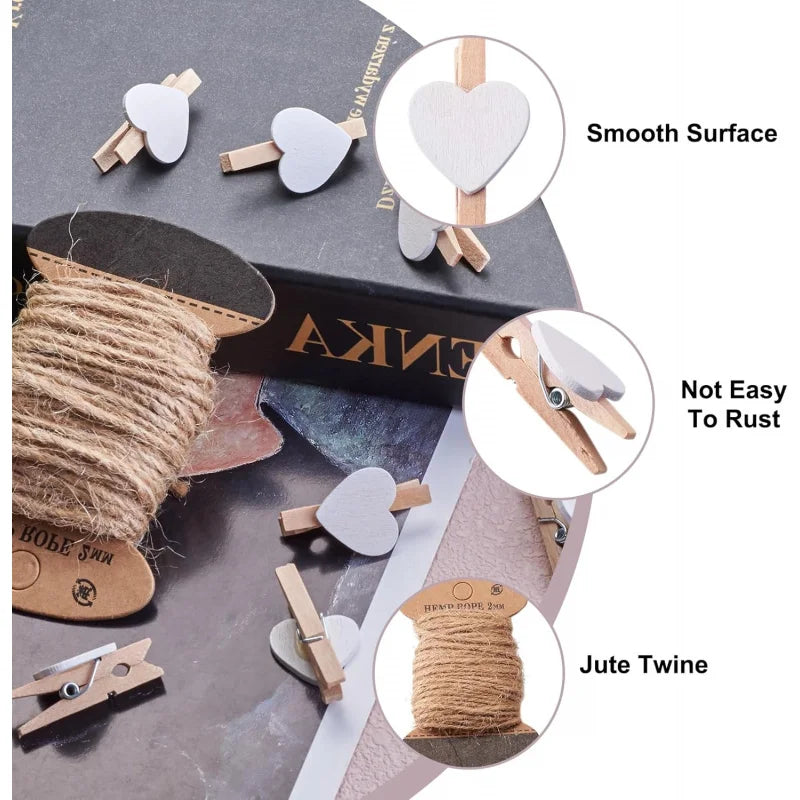 50pcs/pack Heart Clothespins Wooden Photo Paper Peg Pin Craft Clips for Paper Photo Display Hanging Home Party Wedding Decor