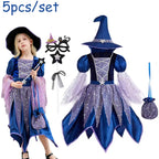 Halloween Party Costumes Witch Dress for Girls Kids Cosplay Carnival Witch Costume Pumpkin Dress Up With Bag Hat Wand Clothing