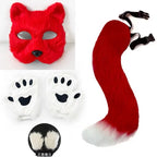 Faux Fur Fox Tail Cat Wolf Cosplay Costume Set with Plush Mask Fluffy Paw Gloves for Halloween And Christmas Party Accessories