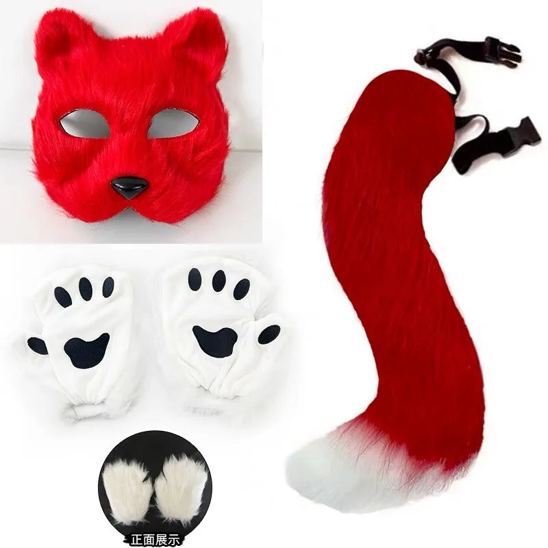 Faux Fur Fox Tail Cat Wolf Cosplay Costume Set with Plush Mask Fluffy Paw Gloves for Halloween And Christmas Party Accessories