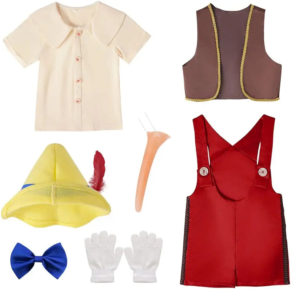 7PCS Kids Fairy Tale Character Puppet Cosplay Costume Long Nose Boy Dress Up With Accessories Halloween Carnival Birthday Outfit