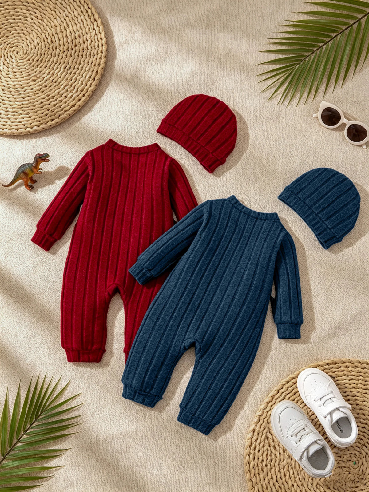【Baby Boy】Autumn & Winter Red Onesie with Front Single-Breasted Buttons and Cute Bear Badge on Chest + Red Hat SetFeaturing a wa