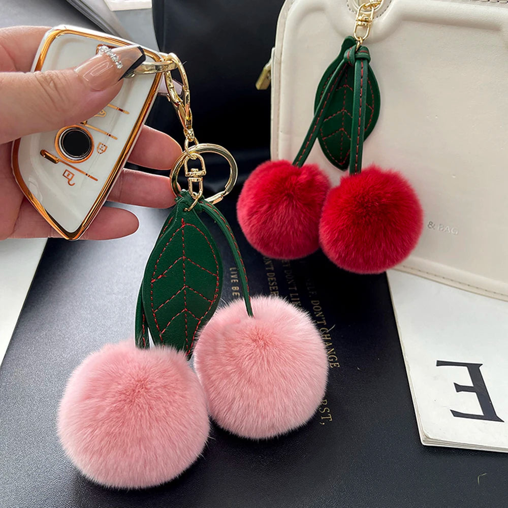 Keychain Key Fob Bag Pendant Fluffy Cherry Keyring Bag Hanging Leaf Artificial Rabbit Fur Ball Key Holder Plush Bag Accessories