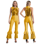 Womens 70s Disco Shiny Sequins Jumpsuit Sleeveless Turn-Down Collar Zipper Rhinestone O-Ring Front Tiered Bell-Bottom Bodysuit