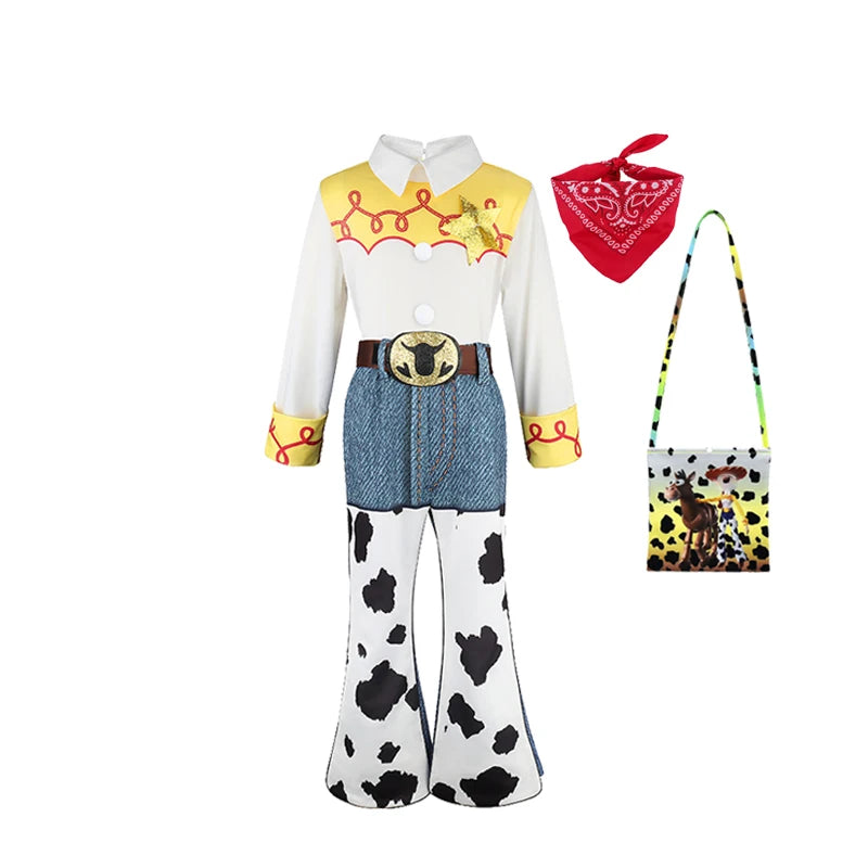 2026 Jessie Cowgirl Costume 2 Piece Set Sleeve shirt Cow Print Flared Pants Kids Cosplay Outfit Halloween Carnival Casual Wear